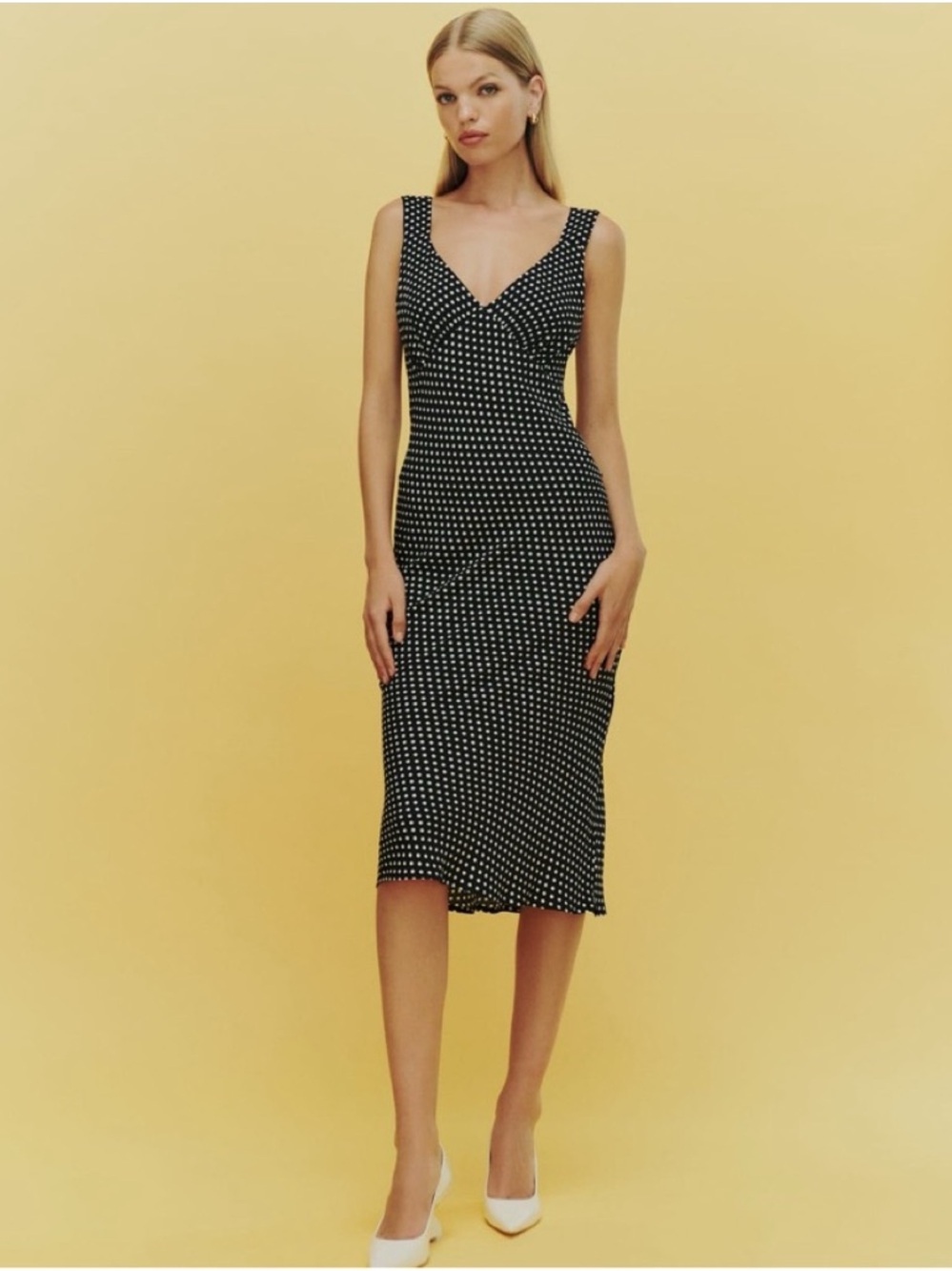 Reformation Black Polka Dot Beauden Midi Dress